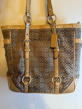 Coach Signature Jacquard Tote Brown Tan Leather Trim Buckle Shoulder Bag F11526